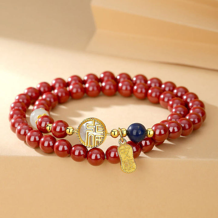 Buddha Stones 925 Sterling Silver Cinnabar Tridacna Stone Fu Character Double Wrap Blessing Bracelet - Cinnabar(Calm♥Concentration) - image 0