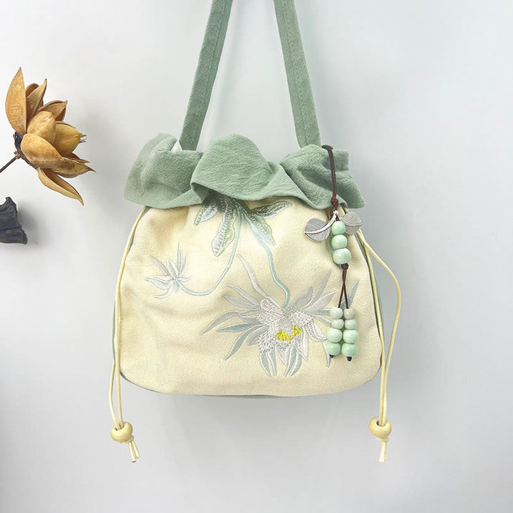 Buddha Stones Suzhou Embroidery Lotus Epiphyllum Magnolia Cotton Linen Tote Crossbody Bag Shoulder Bag Handbag