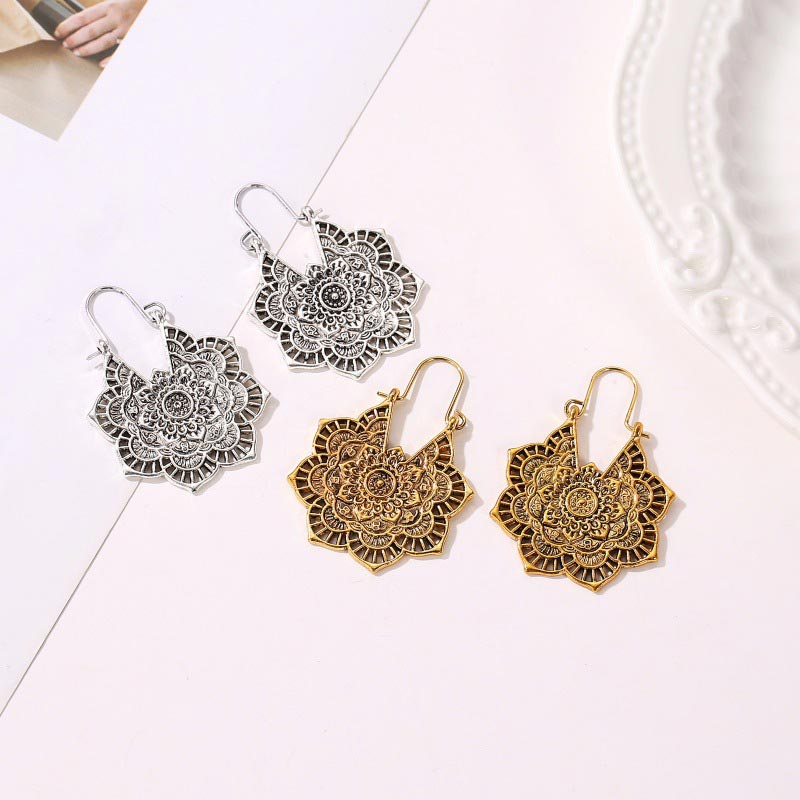 Buddha Stones Tibetan Lotus Engraving Copper Blessing Drop Earrings - image 8