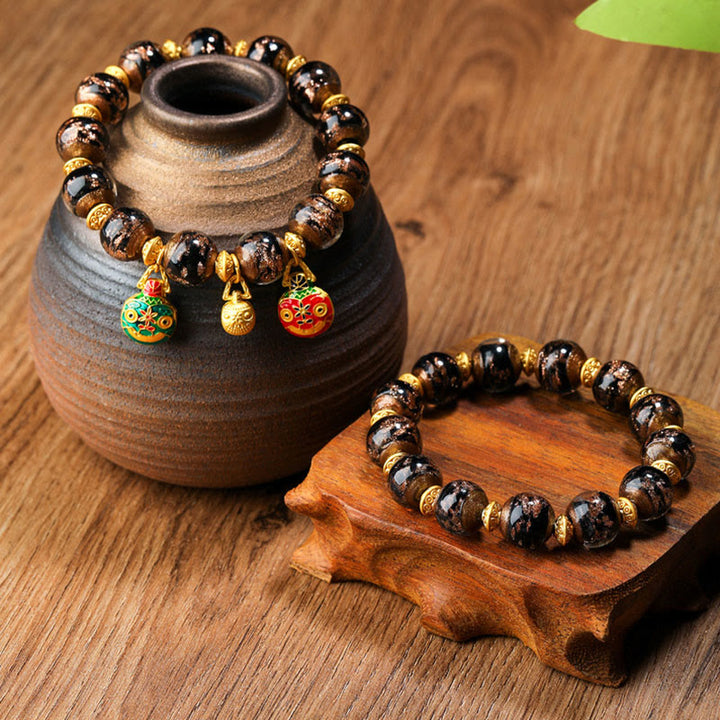 Buddha Stones Gold Swallowing Beast Family Charm Liuli Glass Bead Fortune Bracelet - image 9