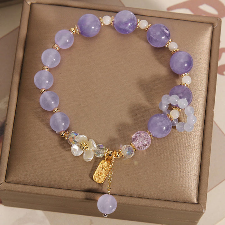 Buddha Stones Natural Blue Crystal Amethyst Chalcedony Flower Healing Bracelet