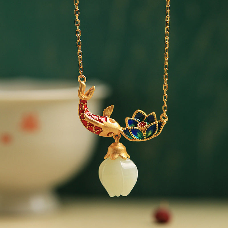 Buddha Stones 925 Sterling Silver White Jade Koi Fish Lotus Protection Necklace Pendant - White Jade(Protection ♥ Happiness) - image 1