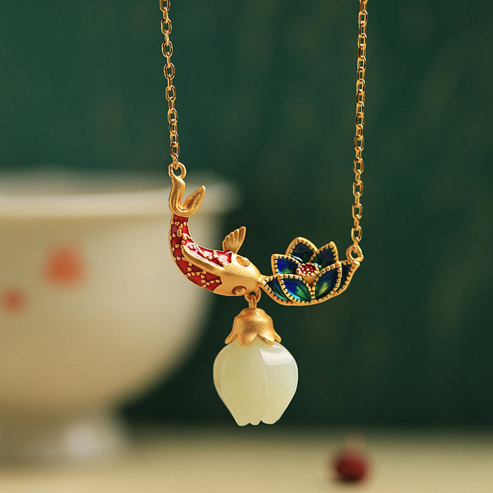 Buddha Stones 925 Sterling Silver White Jade Koi Fish Lotus Protection Necklace Pendant - White Jade(Protection ♥ Happiness) - image 1