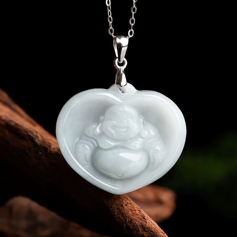 Buddha Stones 925 Sterling Silver Laughing Buddha White Jade Luck Blessing Necklace Pendant - White Jade(Protection♥Happiness) - image 1