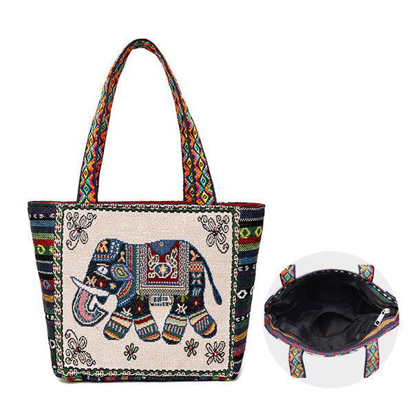 Elephant Butterfly Embroidered Large Capacity Canvas Tote Bag Shoulder Bag - image 1