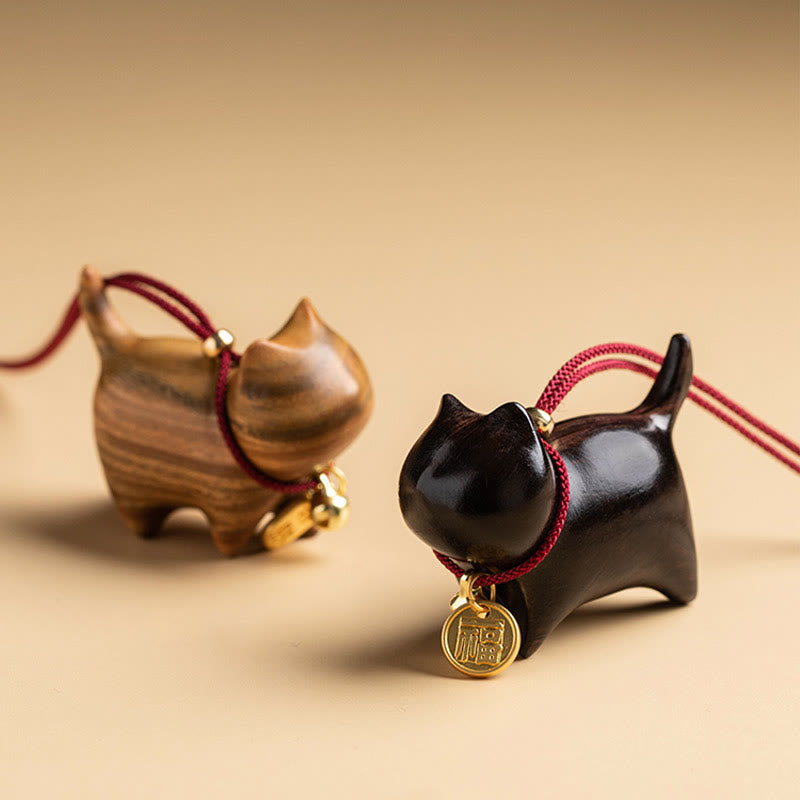 Buddha Stones Ebony Wood Green Sandalwood Lucky Cat Fu Character Lucky Fortune Bell Balance Car Hanging Decoration - image 2