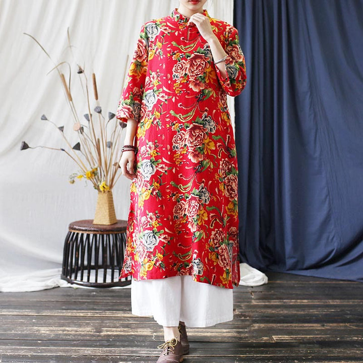 Buddha Stones Red Blue Peony Midi Dress Half Sleeve Cotton Linen Dress Wide Leg Pants With Pockets