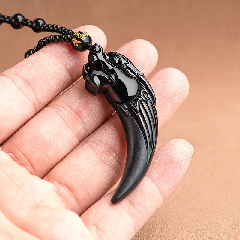 Buddha Stones Natural Black Jade Chinese Zodiac Dragon Tooth Pattern Protection Necklace Pendant - image 3