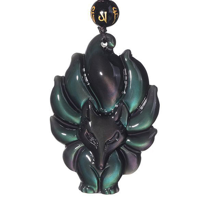 Buddha Stones Natural Rainbow Obsidian Gold Sheen Obsidian Nine Tailed Fox Positive Necklace Pendant - image 2