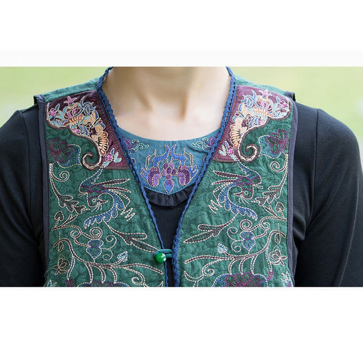 Buddha Stones Embroidery Flowers Bird Vine Design Cotton Linen Sleeveless Vest