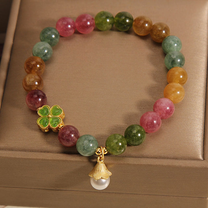 Buddha Stones Colorful Tourmaline Four Leaf Clover Flower Wisdom Bracelet