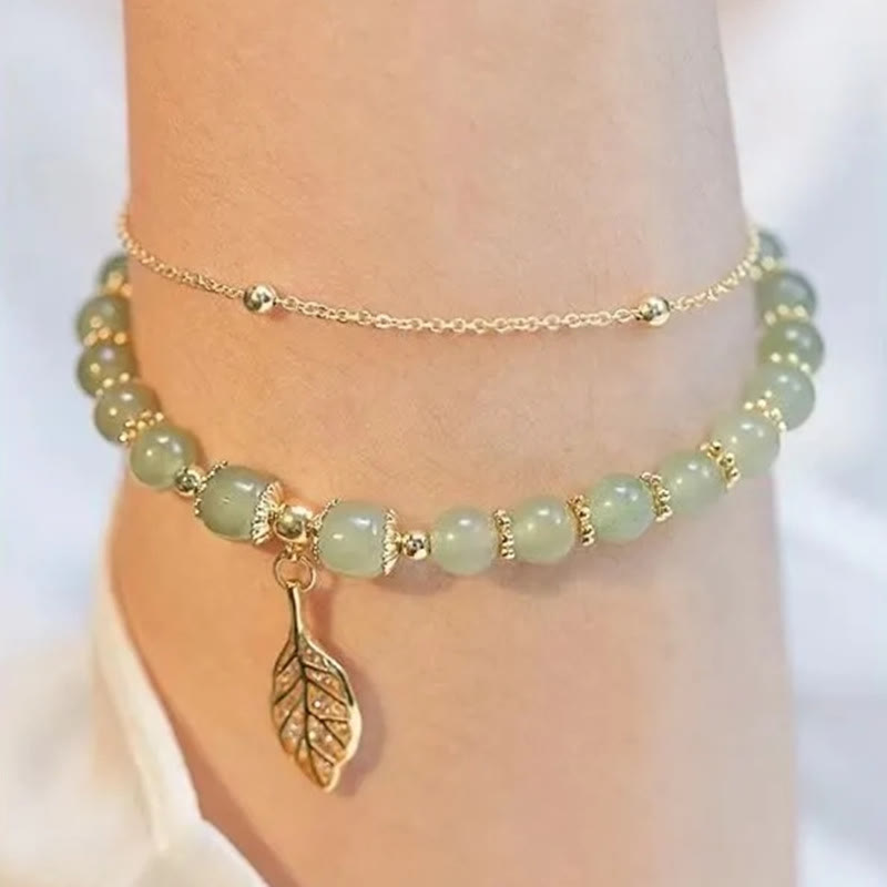 Buddha Stones Jade Leaf Ginkgo Tulip Peanut Fu Character Luck Beaded Bracelet - image 8