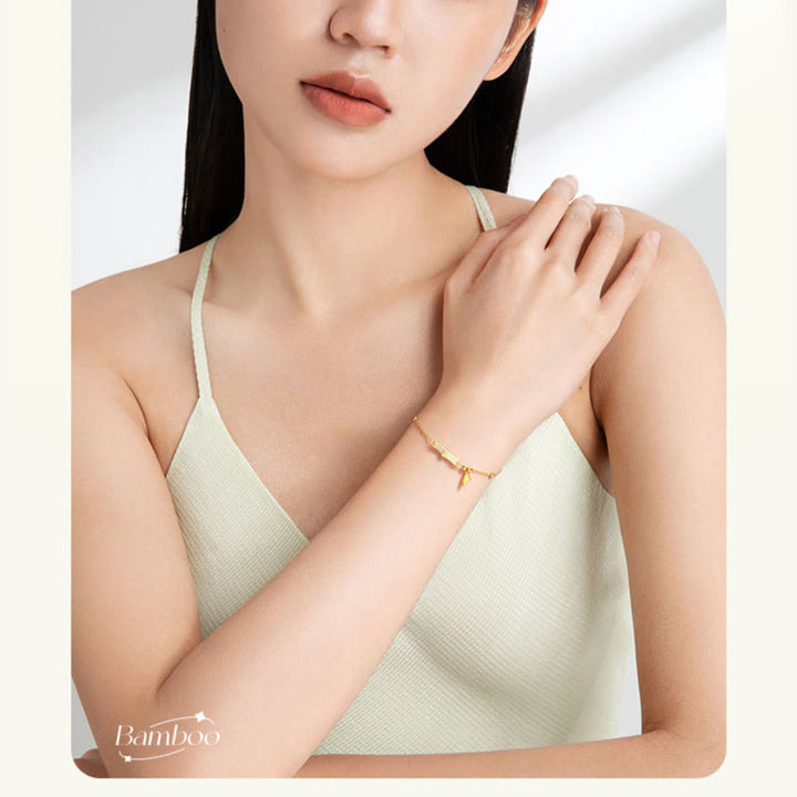 Buddha Stones 925 Sterling Silver 18K Gold Plated White Jade Bamboo Zircon Leaf Luck Bracelet - image 10