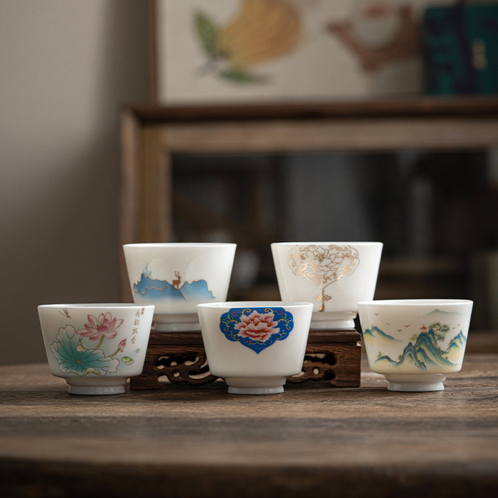 Buddha Stones Lotus Flower Leaf Mountain Pavilion Elk Peony Ceramic Teacup Kung Fu Tea Cup