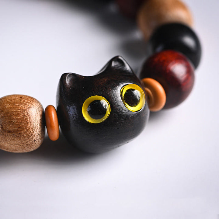 Buddha Stones Small Leaf Red Sandalwood Ebony Wood Cute Cat Engraved Protection Bracelet - image 8