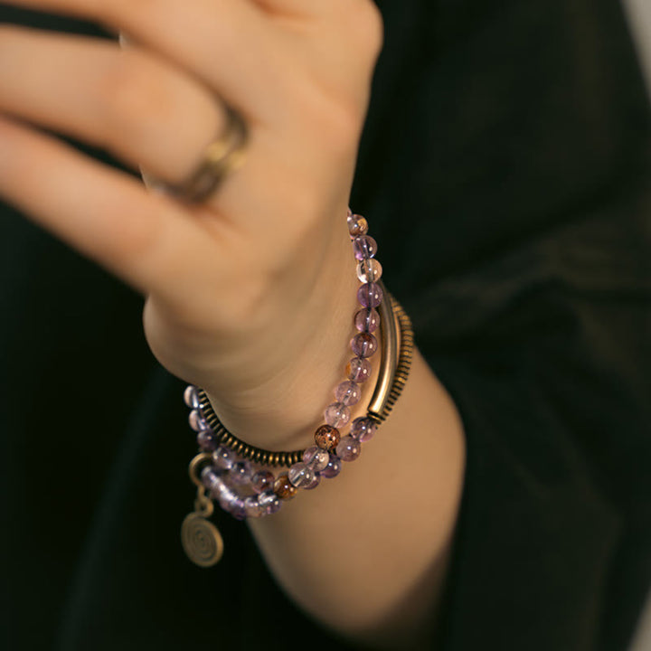 Buddha Stones Purple Phantom Red Hematoid Quartz Green Rutilated Quartz Copper Love Forgive Bracelet - image 4