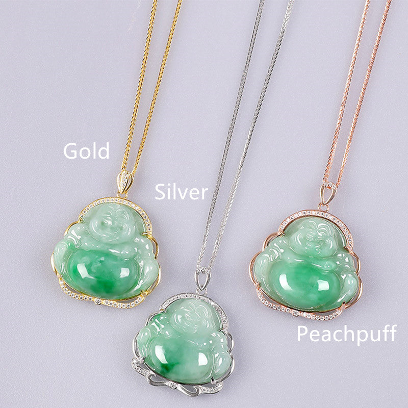 925 Sterling Silver Laughing Buddha Natural Jade Prosperity Necklace Chain Pendant - Silver - image 4