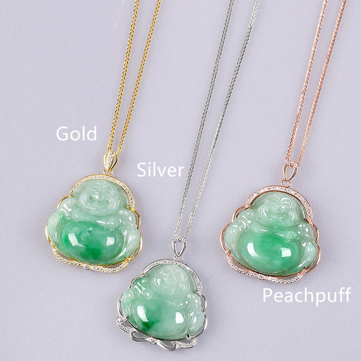 925 Sterling Silver Laughing Buddha Natural Jade Prosperity Necklace Chain Pendant - Silver - image 4