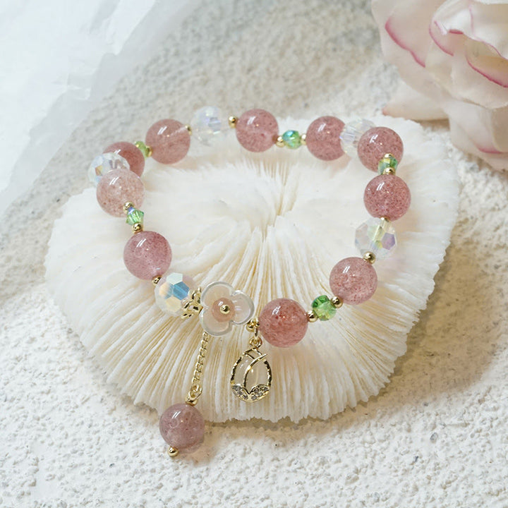 Buddha Stones Strawberry Quartz Rutilated Quartz Fluorite Flower Healing Bracelet