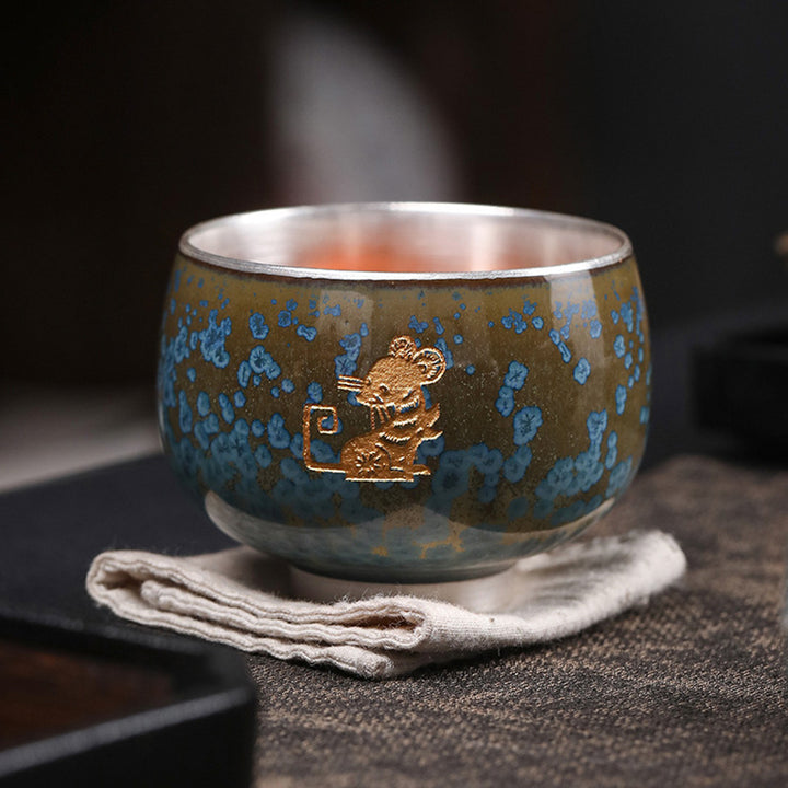 Buddha Stones 999 Gilt Silver Gilt Chinese Zodiac Ceramic Teacup Kung Fu Tea Cup 160ml