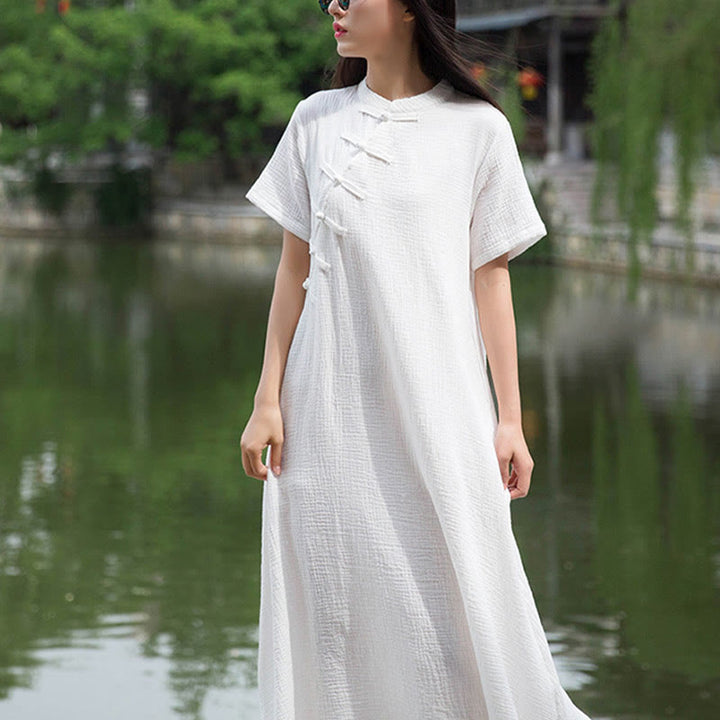 Buddha Stones Frog-Button Midi Dress Cotton Linen Short Sleeve Dress With Pockets