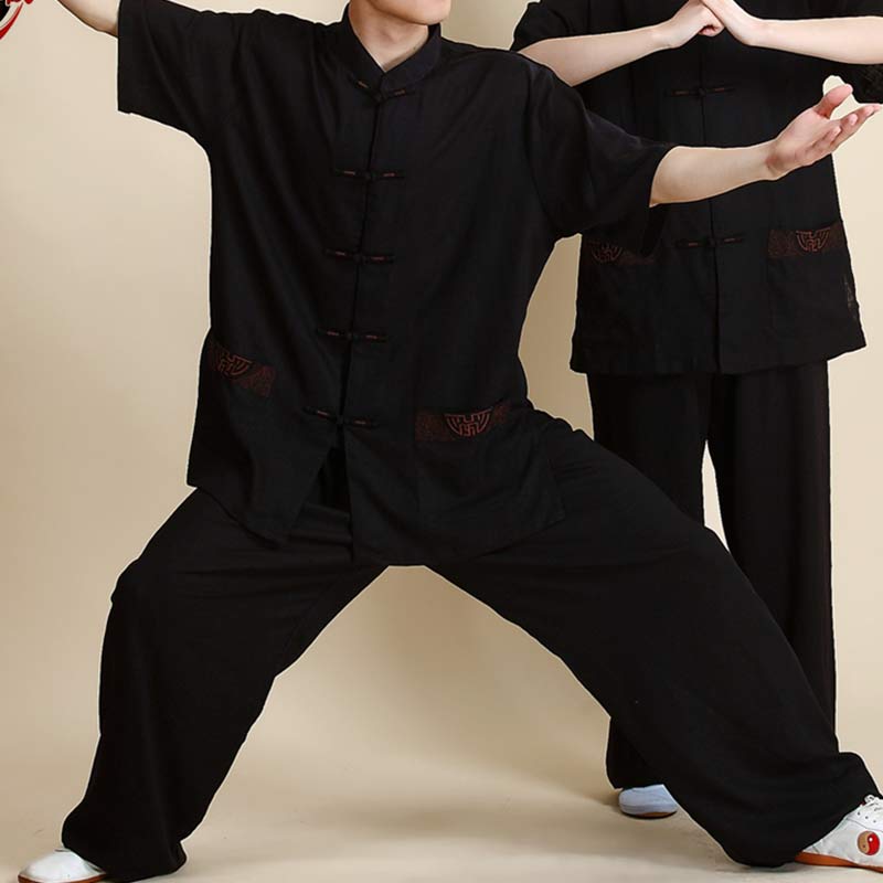 Buddha Stones Meditation Zen Prayer Spiritual Tai Chi Qigong Practice Unisex Embroidery Clothing Set - Short Sleeve Black Embroidery - US14，UK/AU18，EU46 (3XL) - image 19