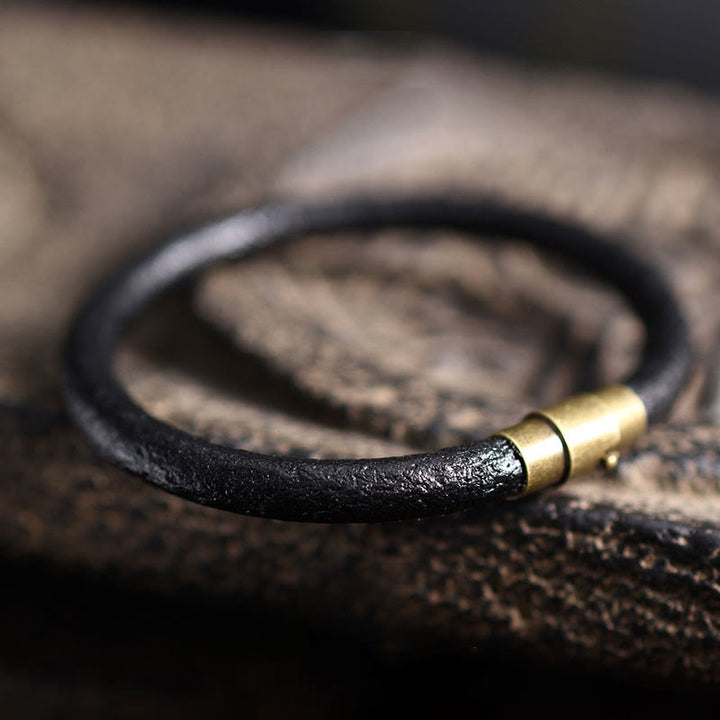 Buddha Stones Retro Leather Luck Healing Copper Magnetic Buckle Bracelet - Black - 20-21cm - image 16