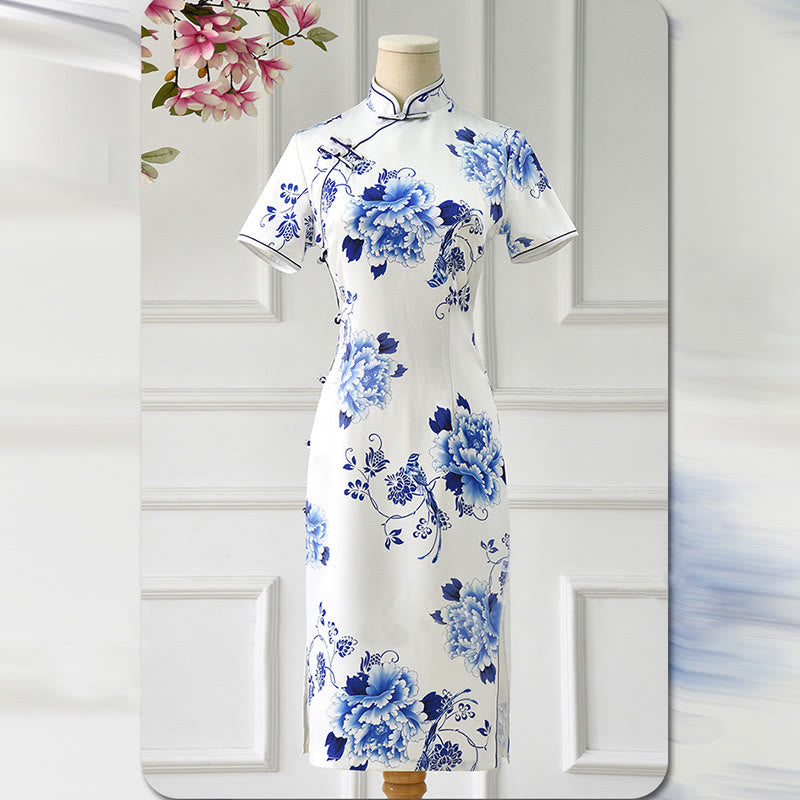 Buddha Stones Blue And White Porcelain Color Peony Flower Pattern Cheongsam Dress Women's Qipao Dress