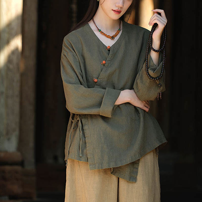 Buddha Stones Solid Color Ramie Linen Loose Blouse Long Sleeve Shirt Chinese Hanfu Top