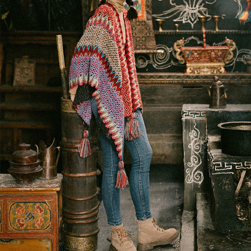 Buddha Stones Tibetan Shawl Knitting Warm Cloak Tibetan Tassel Scarf - image 7