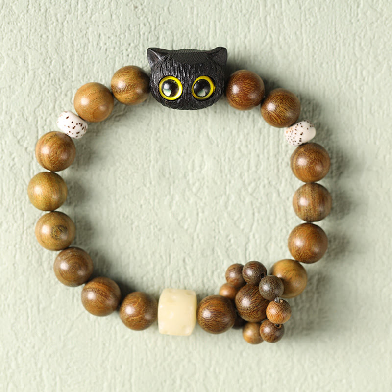 Buddha Stones Green Sandalwood Ebony Wood Cat Peace Soothing Bracelet - image 2