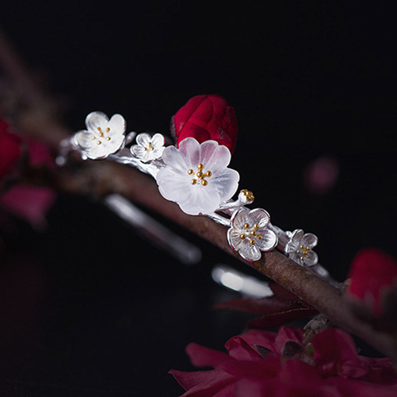 925 Sterling Silver Plum Flower Blessing Bracelet Adjustable Bangle - image 2