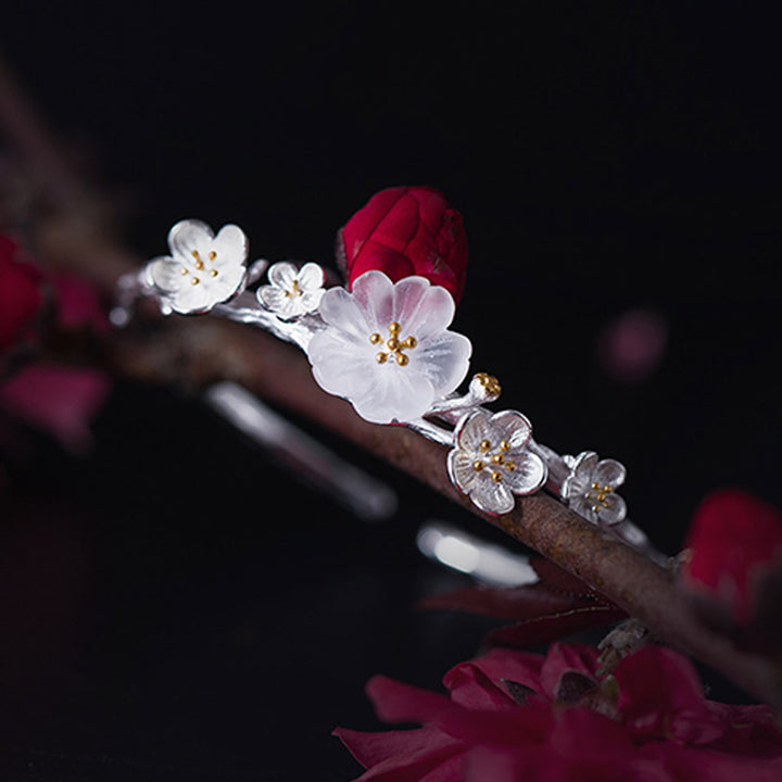 925 Sterling Silver Plum Flower Blessing Bracelet Adjustable Bangle - image 2