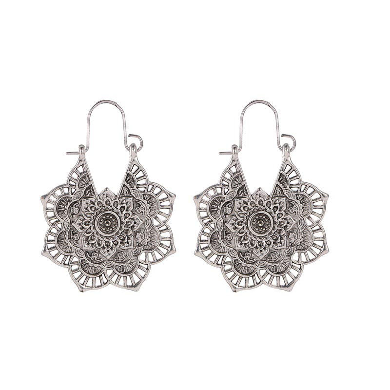 Buddha Stones Tibetan Lotus Engraving Copper Blessing Drop Earrings - Silver - image 6