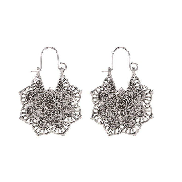Buddha Stones Tibetan Lotus Engraving Copper Blessing Drop Earrings - Silver - image 6
