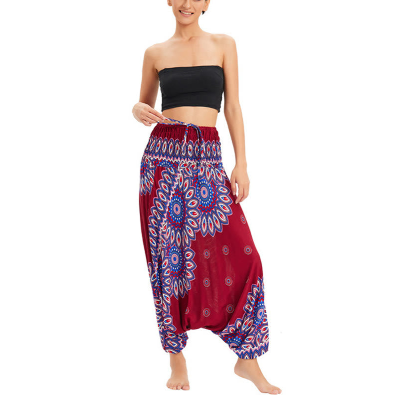 Buddha Stones Two Style Wear Sunflower Loose Smocked Harem Trousers Jumpsuit High Waist Pants