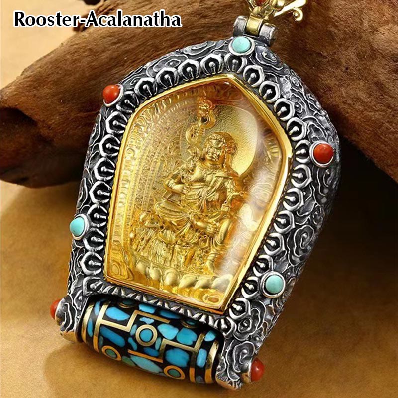 Tibet Chinese Zodiac Natal Buddha Thangka Prosperity Rotatable Dzi Bead Necklace Pendant - Rooster-Acalanatha - image 12