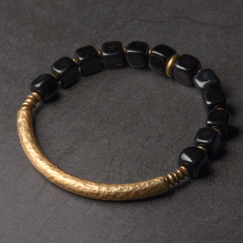 Buddha Stones Black Obsidian Crystal Copper Strength Couple Bracelet - 17-17.5cm - image 1
