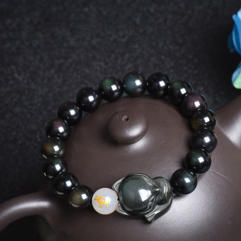 Buddha Stones Natural Rainbow Obsidian Gold Sheen Obsidian Silver Sheen Obsidian Fox Healing Bracelet