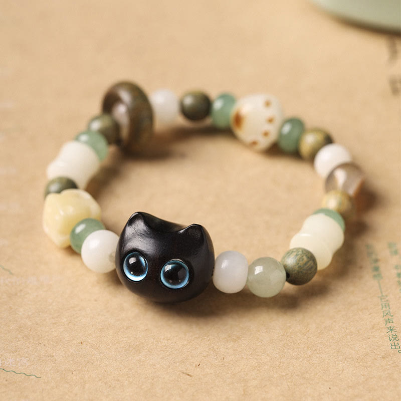Buddha Stones Bodhi Seed Green Sandalwood Ebony Wood Small Leaf Red Sandalwood Cat Head Paw Claw Peace Bracelet - Ebony Wood Cat(Blue Eyes)(Wrist Circumference 14-16cm) - image 1