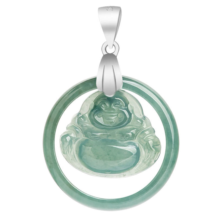 Buddha Stones Natural Jade Round Laughing Buddha Abundance Titanium Steel Chain Necklace Pendant - image 8