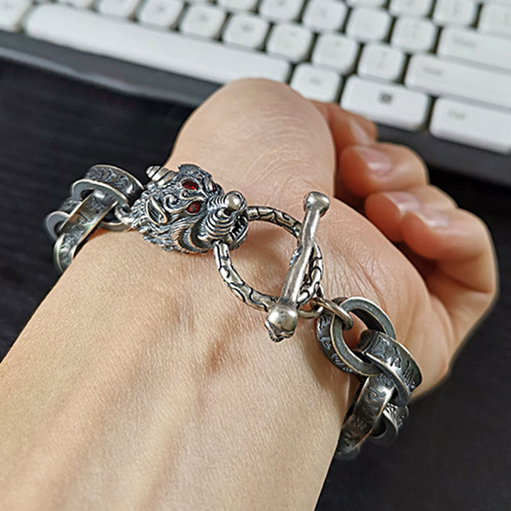 925 Sterling Silver Dragon Kirin Om Mani Padme Hum Success Strength Bracelet Bangle - image 5