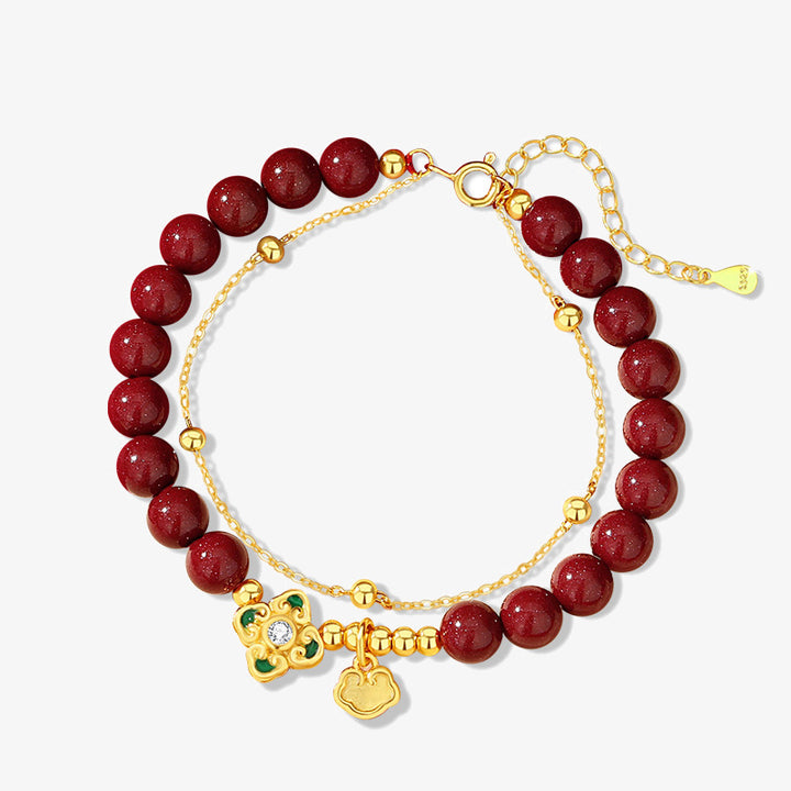 Buddha Stones 925 Sterling Silver Natural Cinnabar Four Leaf Clover Flower Blessing Chain Bracelet