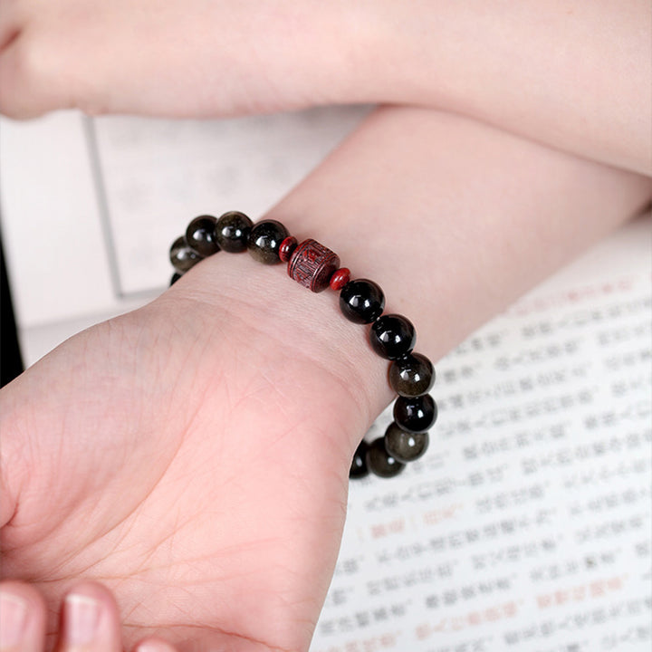 Buddha Stones Natural Gold Sheen Obsidian Rainbow Obsidian Om Mani Padme Hum Fu Character Healing Bracelet