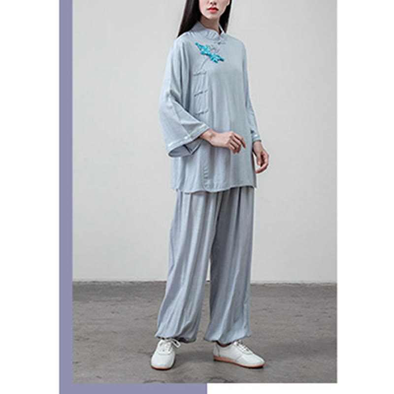 Buddha Stones 2Pcs Tang Suit Frog-Button Shirt Top Pants Meditation Tai Chi Cotton Linen Women's Set