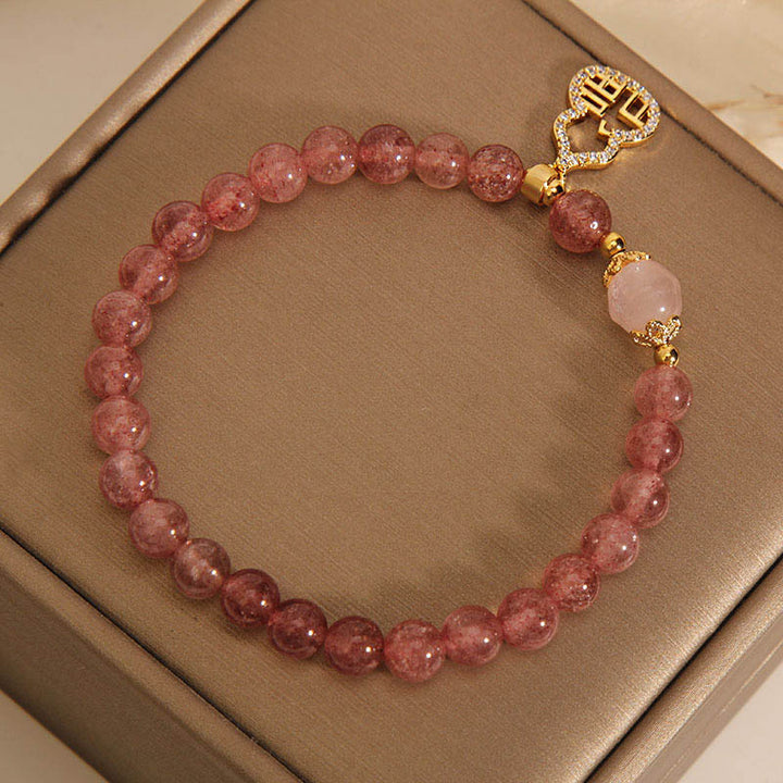 Buddha Stones Strawberry Quartz Gourd Fu Character Charm Positive Bracelet