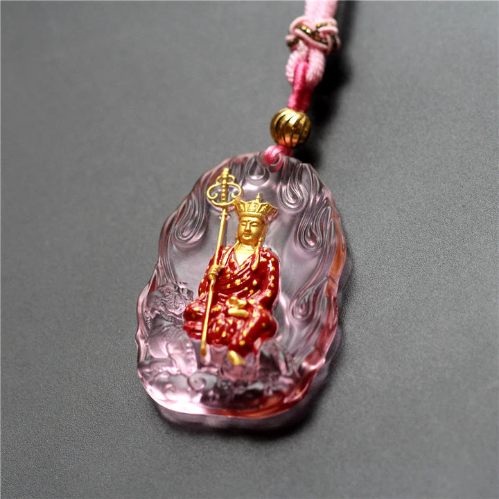 Buddha Stones Ksitigarbha Buddha Liuli Crystal Compassion Amulet Necklace Pendant - Pink Ksitigarbha - image 6