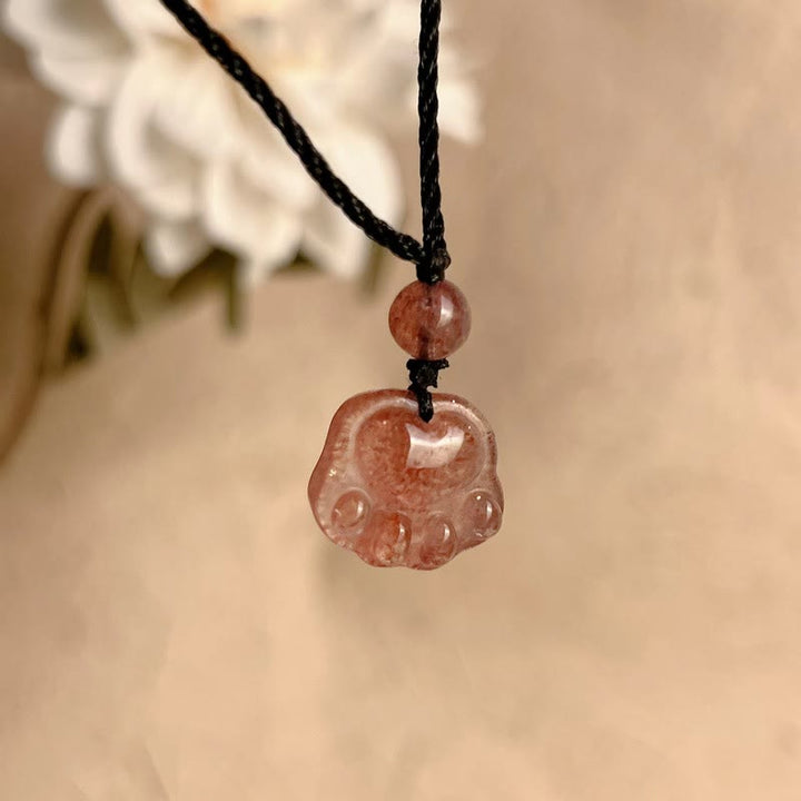 Buddha Stones Strawberry Quartz Lovely Cat Paw Claw Healing Necklace Pendant - image 8