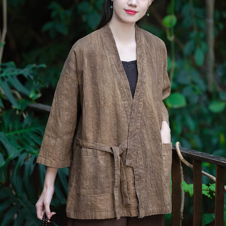 Buddha Stones Hanfu Design Three Quarter Sleeve Ramie Linen Coat Open Front Top Jacket