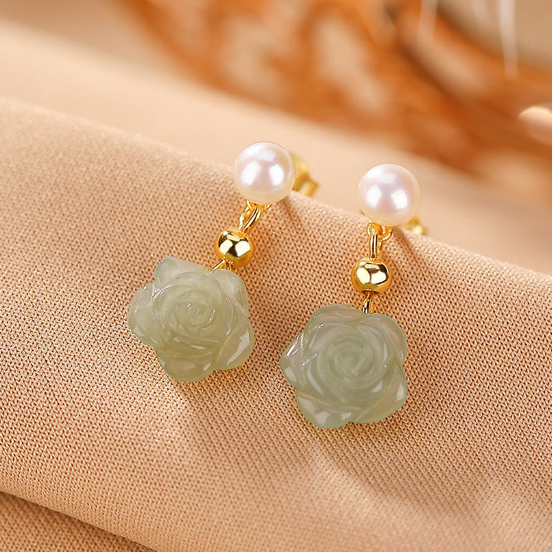 Buddha Stones 925 Sterling Silver Plated Gold Jade Rose Flower Cyan Jade Pearl Luck Earrings - Hetian Cyan Jade Pearl - image 10